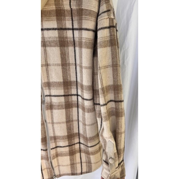 Maniere De Voir Jacket Womens 10 Brown Wool Plaid Zip Back Faux Leather Hooded - Picture 6 of 9